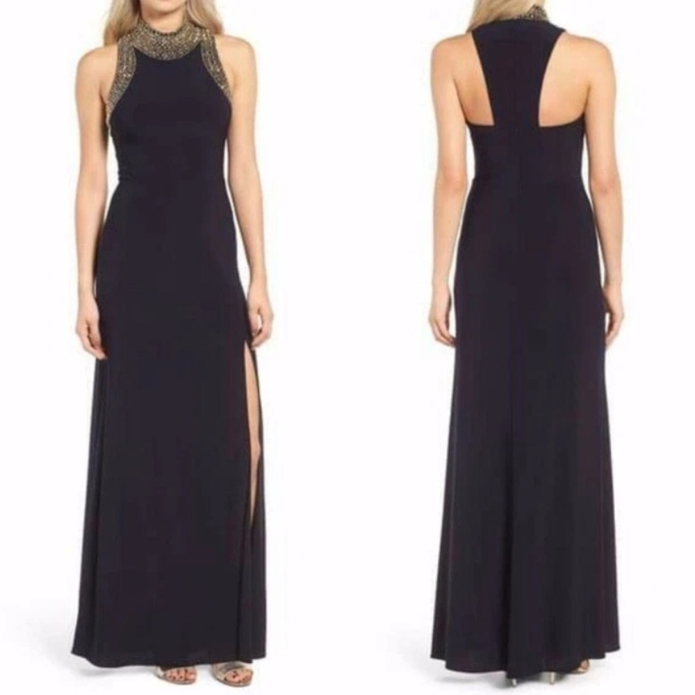 Blondie Nites by Stacy Sklar Long Form Fitting Gown w/ High Gold Beaded Neckline